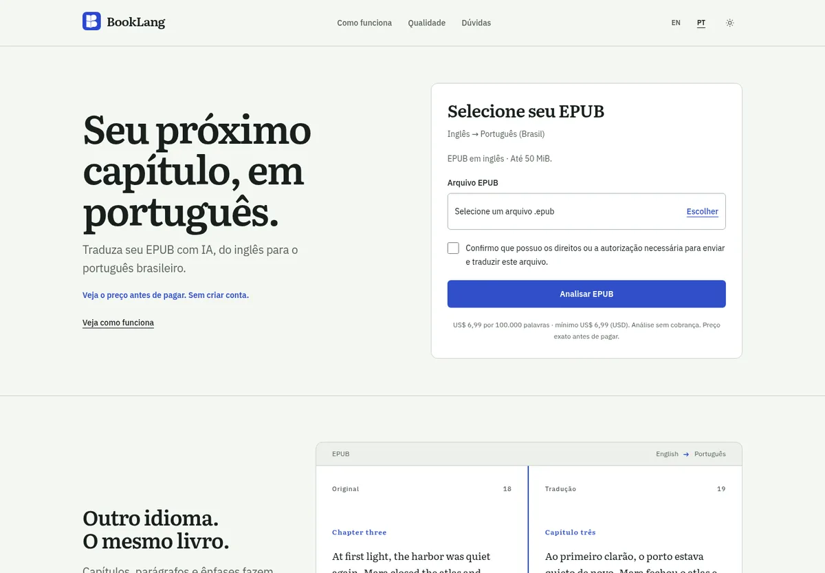 Página do BookLang com apresentação do tradutor de EPUB e seleção de arquivo em português.